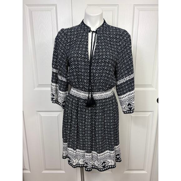 H&M Black and White Bohemian Style Dress Size 6 Elastic Waistband 3/4 Sleeve - Picture 2 of 7